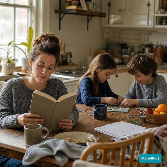 Sibling Rivalry: 7 Proven Ways to Stop the Constant Fighting 16 Parent reading an unbranded sibling-conflict guide while two children play together nearby