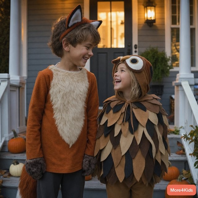 Sibling Halloween Costumes: How to Coordinate a Group Without a Fight 16 Two siblings in coordinated Halloween costumes standing together on a front porch