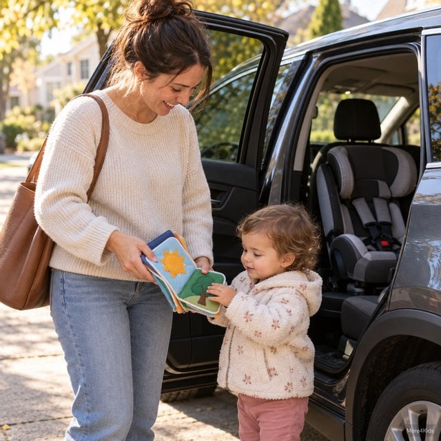 Child Cries in Car Seat? 7 Gentle Ways to Stop the Tears 16 Parent handing a soft cloth activity book to a toddler beside a parked car