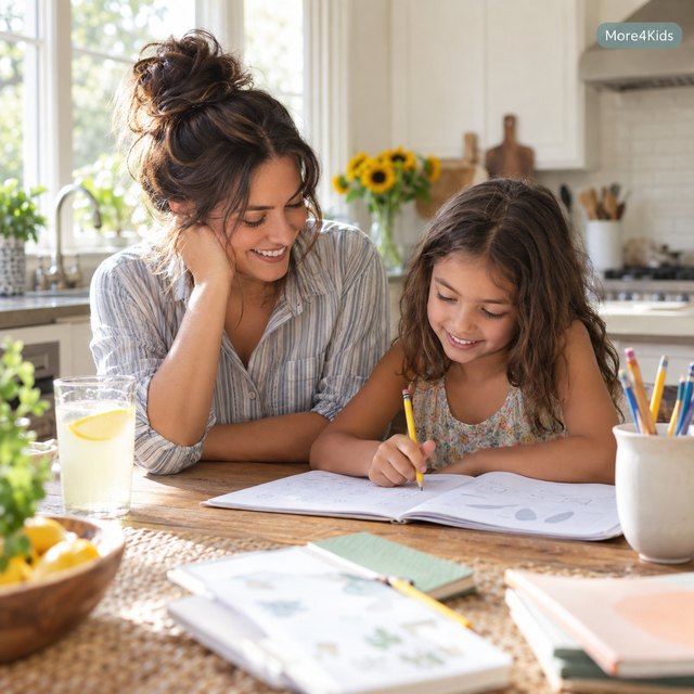 How to Prevent Summer Learning Loss: Simple, Joyful Ways to Keep Kids Sharp 16 Parent and child doing a summer workbook page together at a sunny kitchen table
