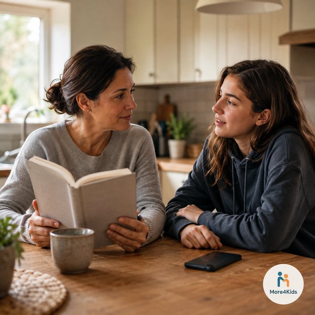 Teenage Dating: A Parent's Guide to Ages, Rules, and the Awkward First Talk 16 A parent reading an unbranded guide at a kitchen table while a teenager sits nearby with a phone