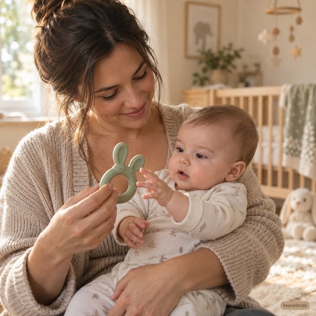 Tips for Relieving Teething Pain 17 A parent gently offering a cooling silicone teether to a teething baby