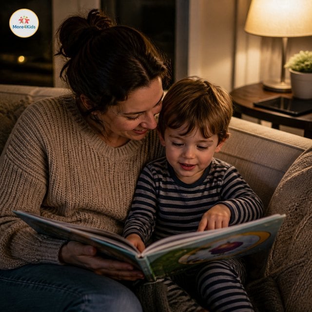 AI Slop in Your Toddler's Feed: 6 Quick Settings to Stop It Tonight 16 Parent and toddler sharing an unbranded picture book on a couch with a dark tablet set aside