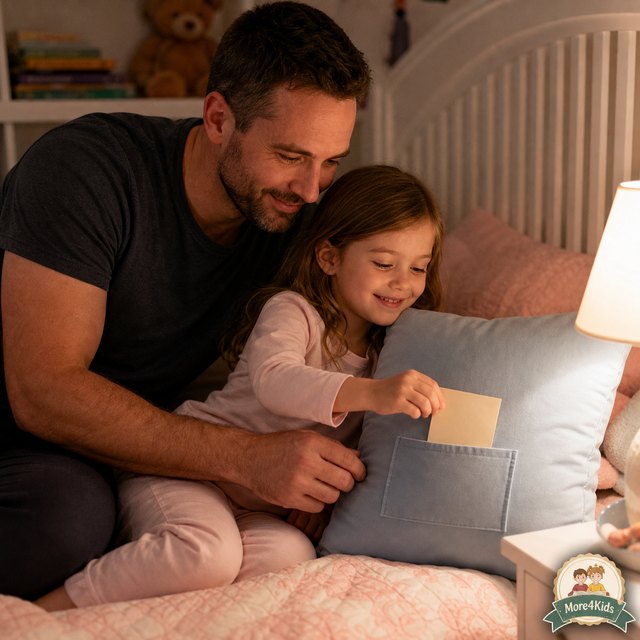 The Tooth Fairy - Celebrating Loose Teeth 16 Parent and young child placing a lost tooth into a small unbranded pillow pocket at bedtime