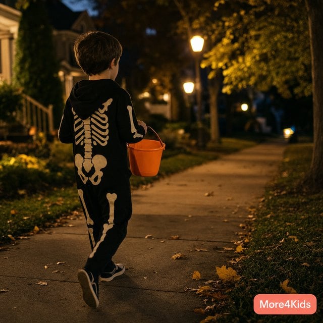 Trick or Treat Bags and Buckets That Actually Last the Whole Block 16 A child carrying a sturdy Halloween treat bucket up a lamplit sidewalk on Halloween night