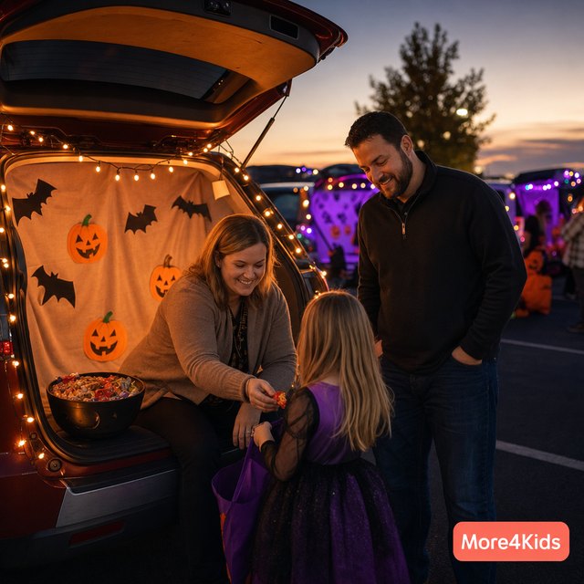 Trunk-or-Treat Ideas: Car Decorating Without the Stress 16 A car trunk decorated with a themed Halloween backdrop and cutouts at a trunk or treat event