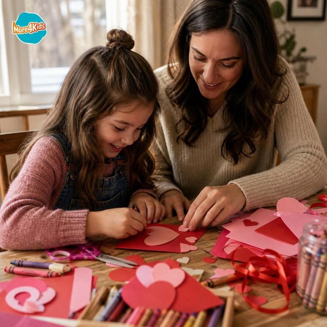 Show Your Kids You Love Them This Valentine's Day 16 Parent and child making handmade heart cards together with unbranded craft supplies