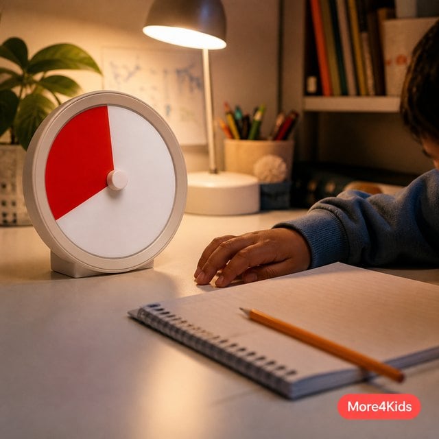 A Calm Morning Routine for Kids: 6 Steps to Stress-Free School Mornings 16 A red visual countdown timer on a child's desk next to homework and a pencil