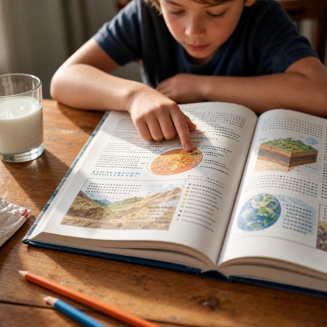 Toddler Hitting: 7 Calm Ways to Stop It That Work 20 A child's hands resting on the open pages of a thick illustrated reference book on a sunlit kitchen table, the child leaning in out of focus behind it