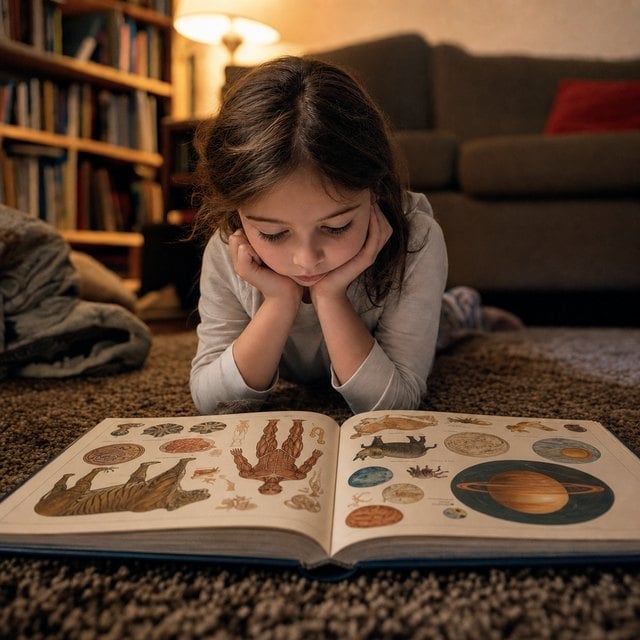100 Whys: The Questions Kids Ask Most (and How to Answer Them) 16 A child lying on a living room rug at night, absorbed in a large open illustrated reference book showing planets, animals and the human body
