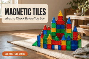 Magnetic tiles built into a colorful castle structure on a living room floor
