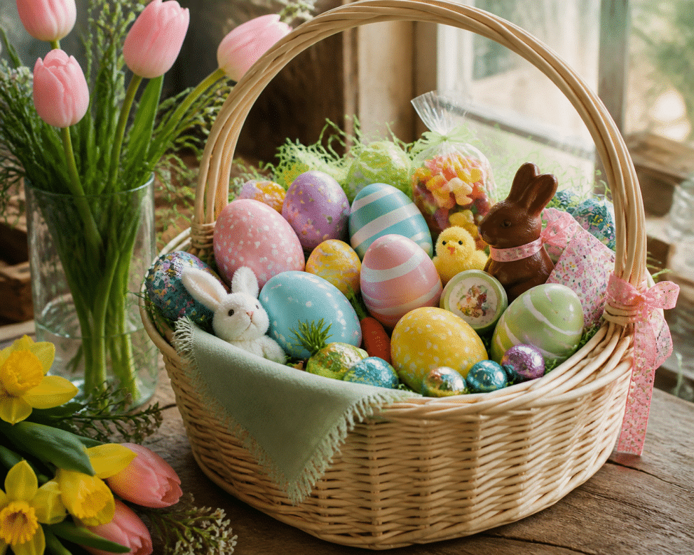 easter basket ideas — colorful DIY Easter basket with eggs and spring decorations