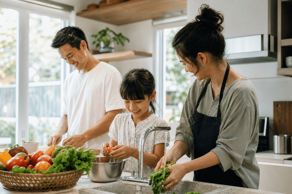 Managing childhood obesity: family preparing healthy vegetables together in kitchen