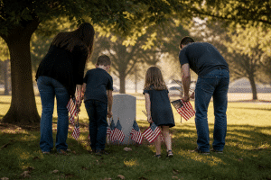 Memorial Day activities for kids — family placing flags to honor fallen soldiers
