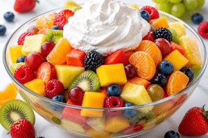 easy fruit salad recipe colorful mixed fruit in a glass bowl with whipped topping