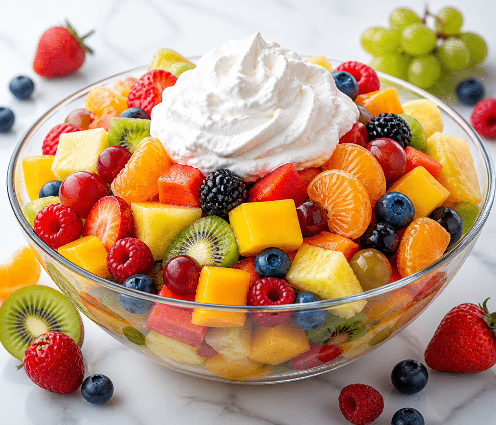 easy fruit salad recipe colorful mixed fruit in a glass bowl with whipped topping