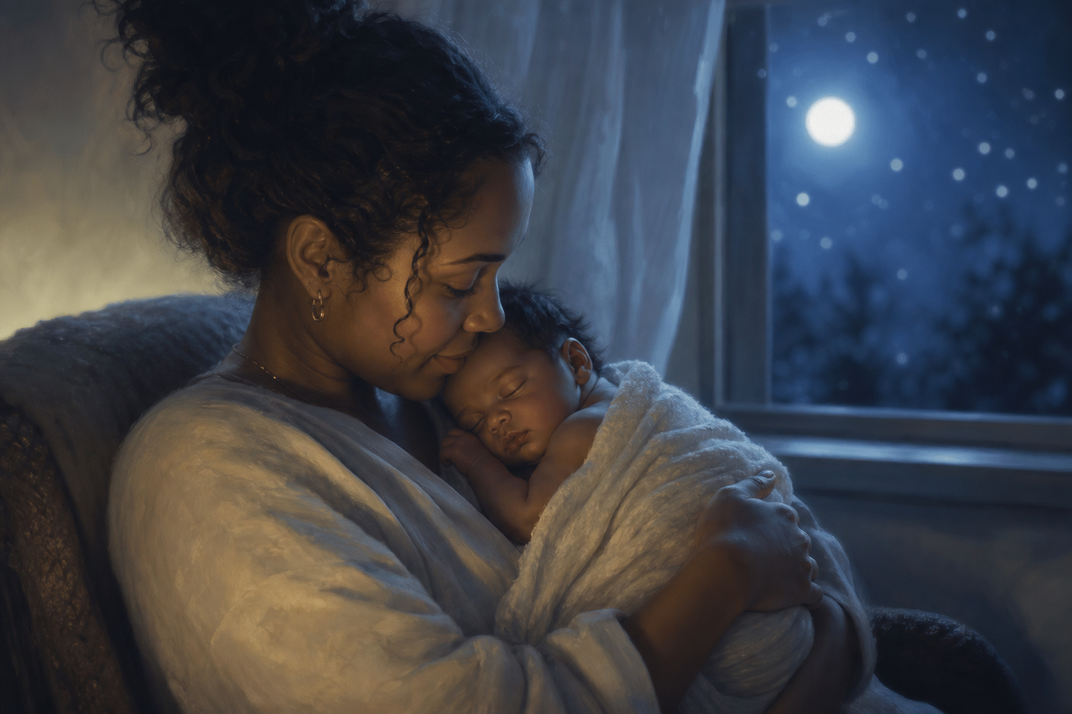 Names That Mean Moon: 50+ Dreamy Picks for Your Baby 17 A parent cradling a sleeping baby in soft moonlight by a window at night