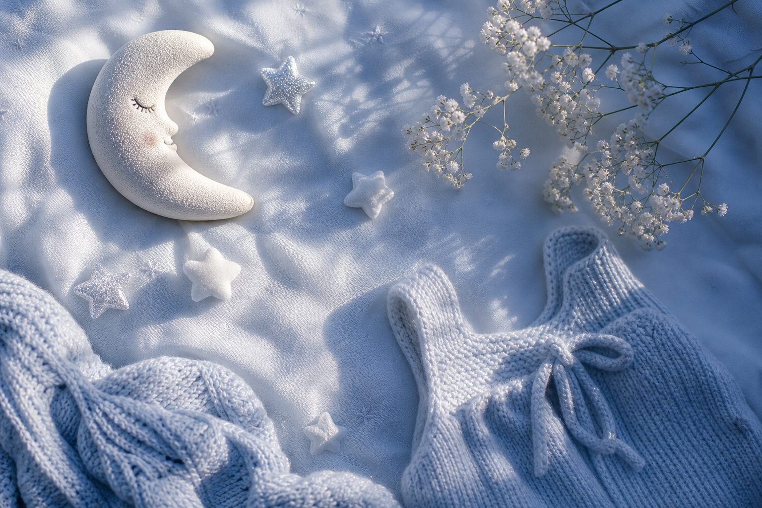 Names That Mean Moon: 50+ Dreamy Picks for Your Baby 18 A soft moonlit flat-lay with a tiny crescent moon, stars, and a knitted baby item