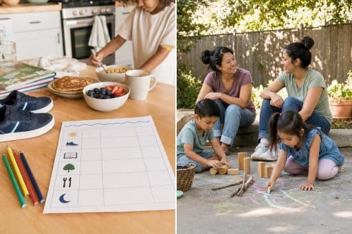 A Summer Routine That Gives Kids Structure Without Overscheduling 8 Paper planner showing a simple summer routine for kids with books, sneakers, and colored pencils nearby.