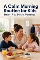 A Calm Morning Routine for Kids: 6 Steps to Stress-Free School Mornings 1 A mom and two school-age children smiling at a sunlit breakfast table with backpacks ready by the door, illustrating a calm morning routine for kids, with a legible baked-in headline