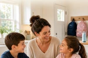 A mom and two school-age children smiling at a sunlit breakfast table with backpacks ready by the door, illustrating a calm morning routine for kids, with a legible baked-in headline