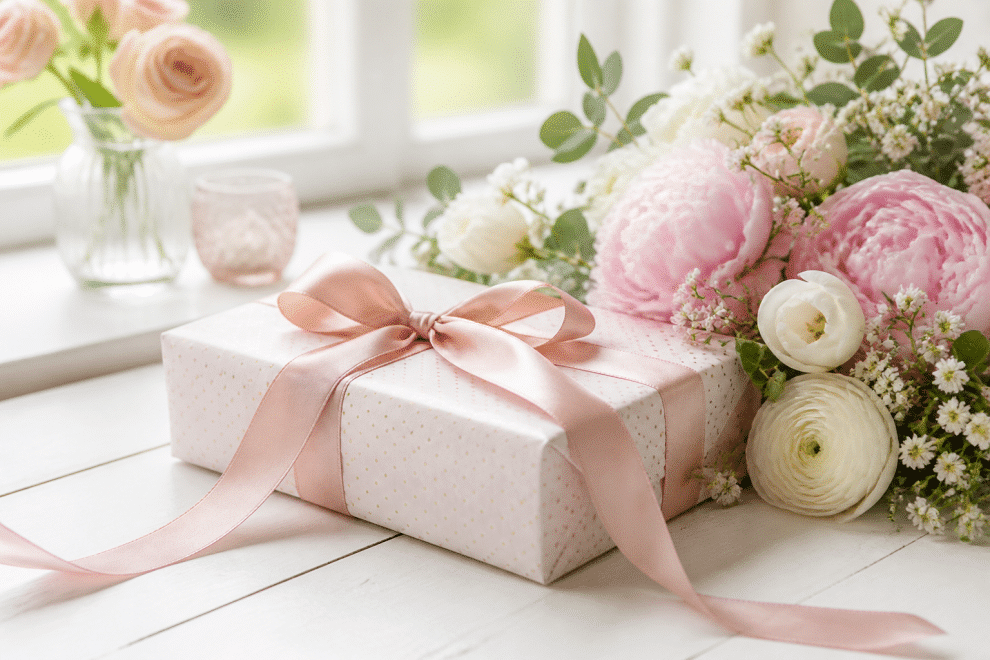 mothers day gifts for grandma — wrapped gift and fresh flowers on table