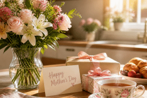 mothers day gift ideas — flowers, gifts and a card on a bright kitchen table for Mother's Day