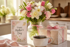 mothers day gifts from husband — flowers, card and wrapped gift on a bright breakfast table