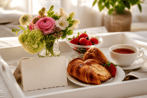 Mother's Day surprise ideas — beautiful breakfast tray with flowers and a handwritten card