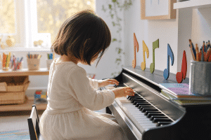 motivating kids through hobbies and music with a child playing piano at home