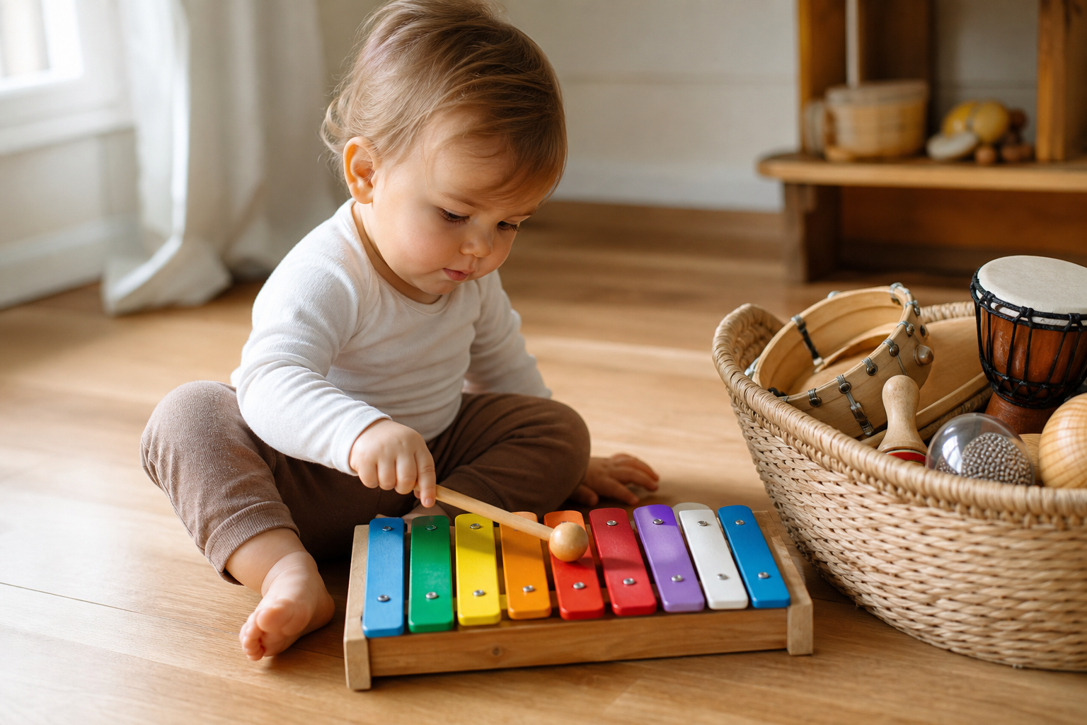 Music and Kids 17 Music and kids—a toddler discovering a xylophone at home