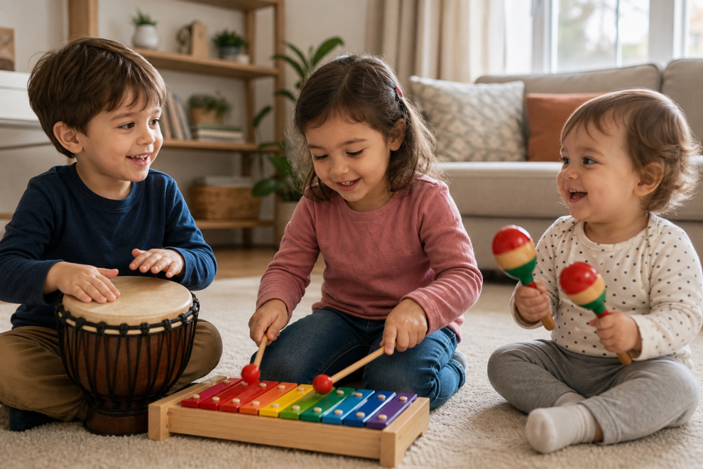 Music and Kids 15 Kids and music: young children playing instruments together at home