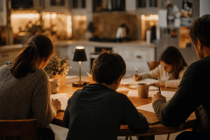 family new year's resolutions parents and kids writing goals together at kitchen table