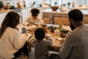 family New Year's resolutions written together at the kitchen table