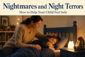 A calm, loving parent sitting on the edge of a young child's bed in a softly lit bedroom at night, gently comforting the child, illustrating how to handle nightmares and night terrors, with a legible baked-in headline