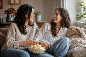 mom and teenage daughter laughing together on couch at home