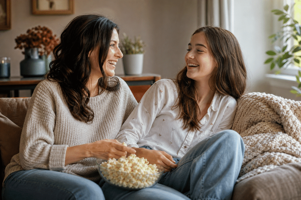 mom and teenage daughter laughing together on couch at home