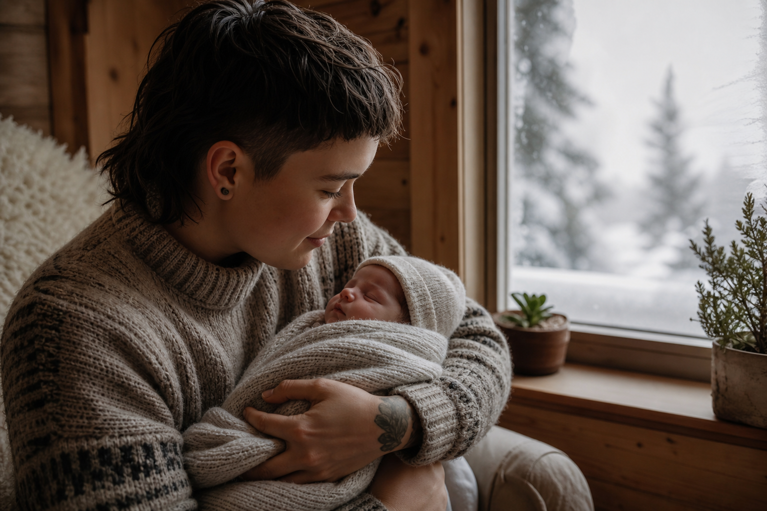 Norse Names: 50+ Strong, Beautiful Picks with Meanings 18 A parent cradling a newborn by a frosted cabin window — choosing a Norse name with meaning