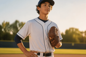 Young baseball player standing on the field