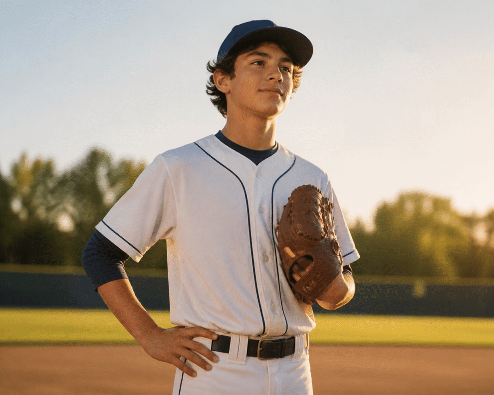 Young baseball player standing on the field