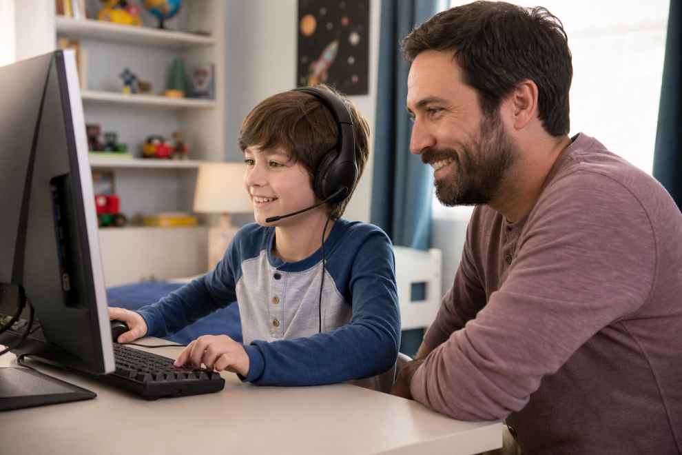 Benefits of Online Games for Kids 15 Kids online gaming safely with a parent supervising at the computer
