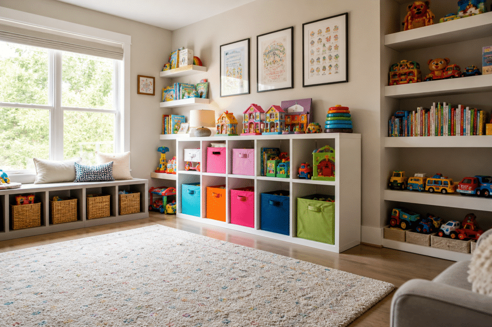 toy storage ideas — organized playroom with colorful bins and shelves sorting kids toys