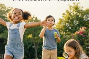 outdoor activities for kids with children playing outside in a sunny backyard under the headline Outdoor Activities for Kids