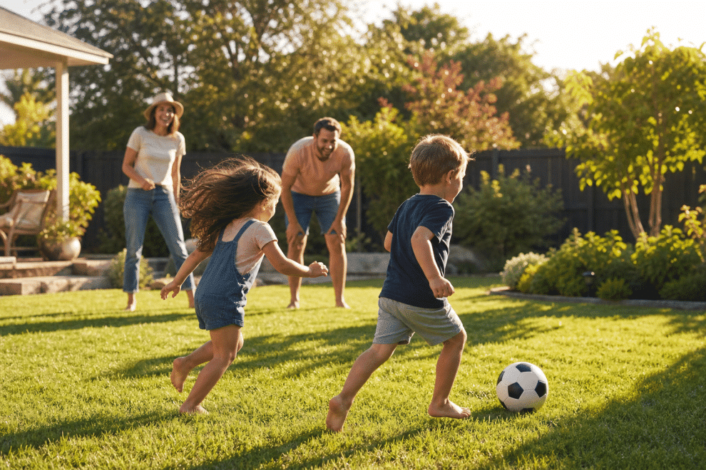 outdoor family activities with kids playing in a sunny backyard garden