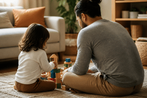 Living with autism: a parent and child bonding calmly at home with building blocks
