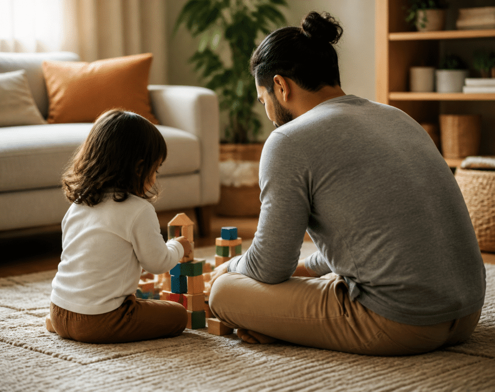 Living with autism: a parent and child bonding calmly at home with building blocks
