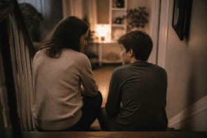 parent teen struggles conversation - parent and teenager talking on stairs
