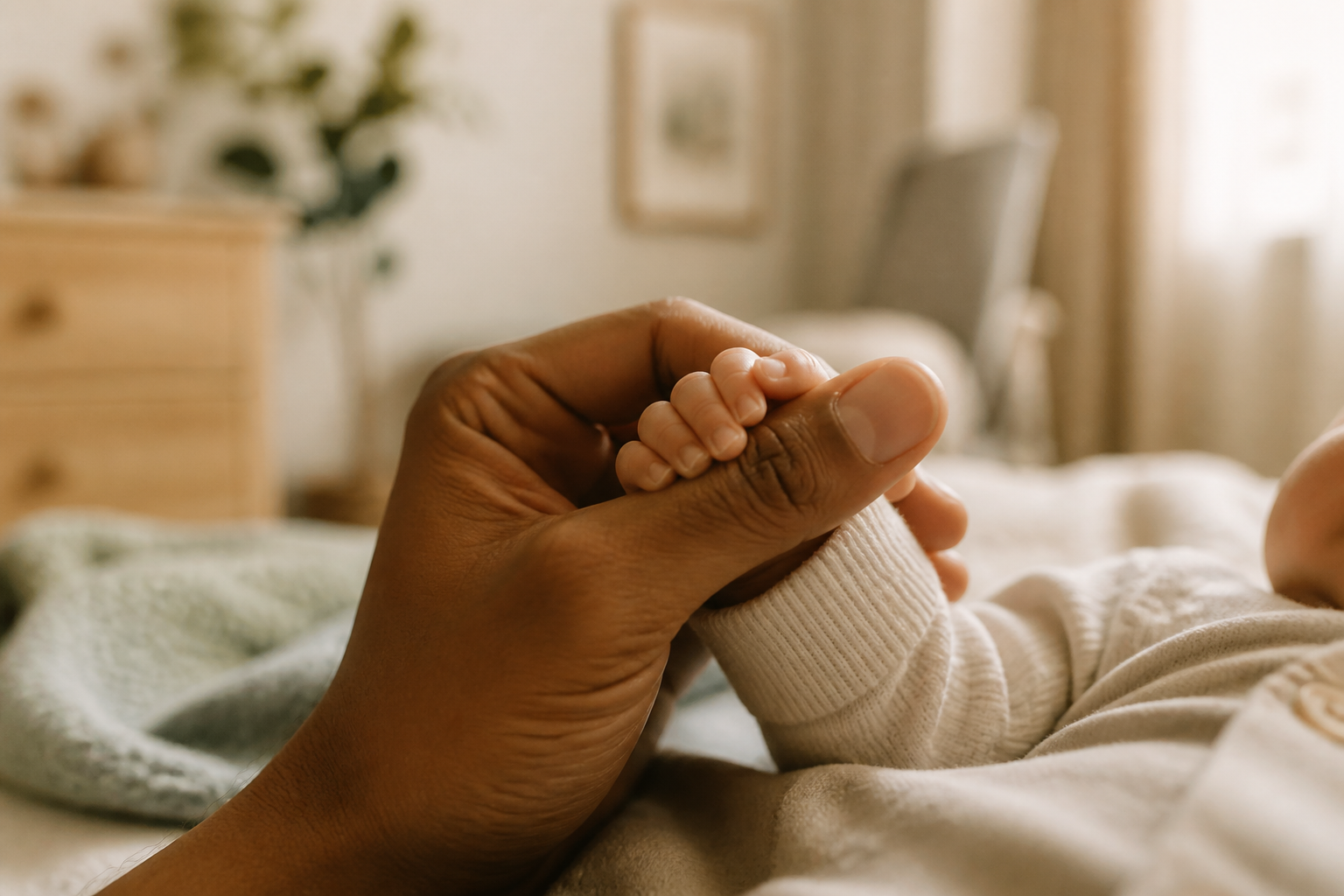 Gender-Neutral Baby Names: 60+ Unisex Picks for Any Baby 9 An adult's hand gently holding a baby's hand in a warm, neutral nursery