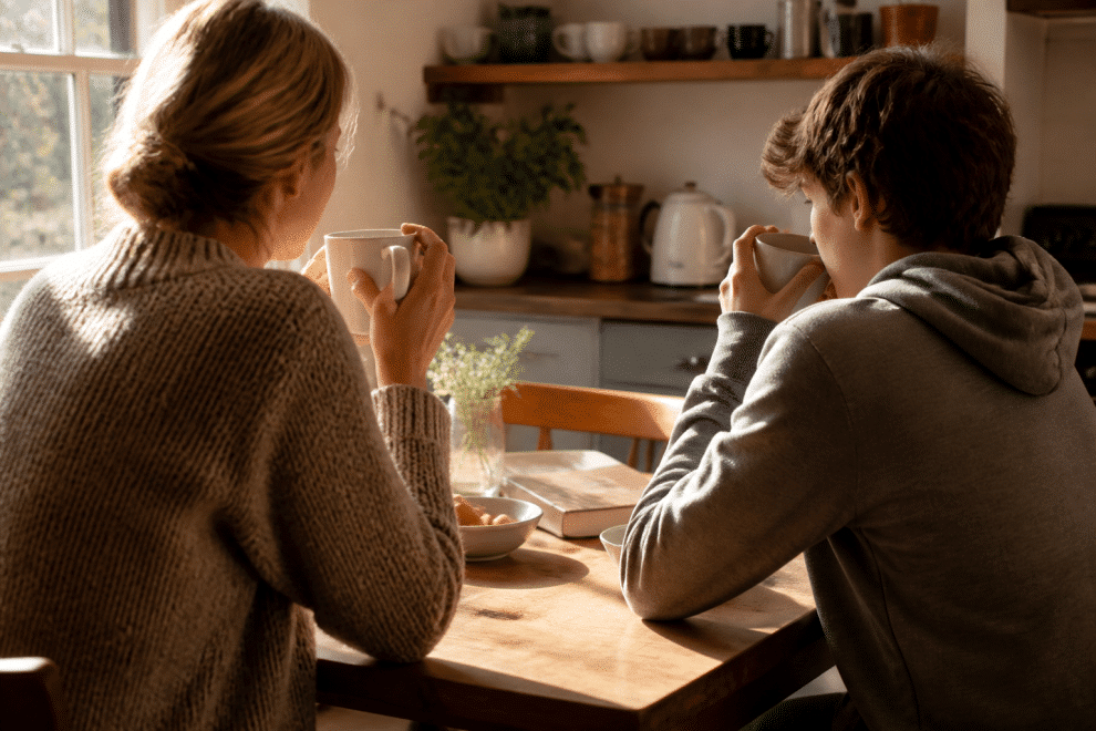 parent teen communication - parent and teenager having open conversation over coffee