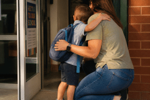 separation anxiety in children — young child clinging to parent at school entrance being gently comforted
